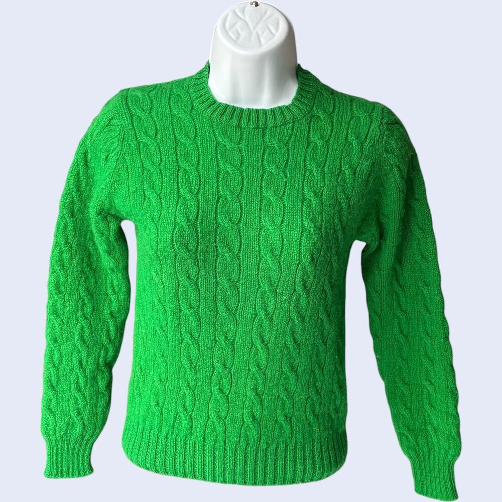 ASTON 34 Vintage Cable Knit Sweater Green 100% Shetland Wool 80s Preppy